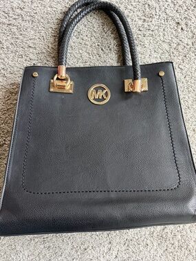 Michael Kors Black Leather Tote with Braided Handles and Gold-Tone Logo